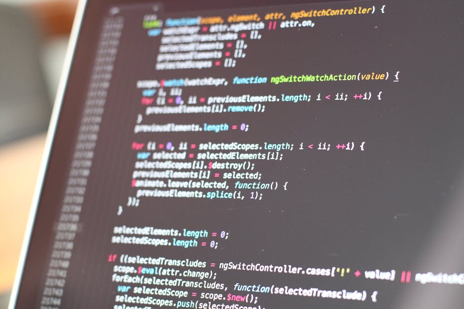 The image shows a close-up view of a computer monitor displaying a section of programming code. The code is written in a text editor with multicolored syntax highlighting, including green, blue, pink,